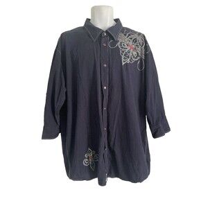 Y2K Lamasini Pearl Snap Shirt Mens 2XL Navy Blue Embroidered Fleur de lis Cross